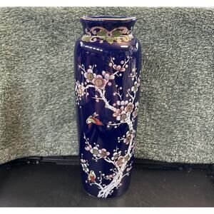 1940s Japanese Bijutsu Toki Handpainted Cherry Blossom Cobalt Blue Vase